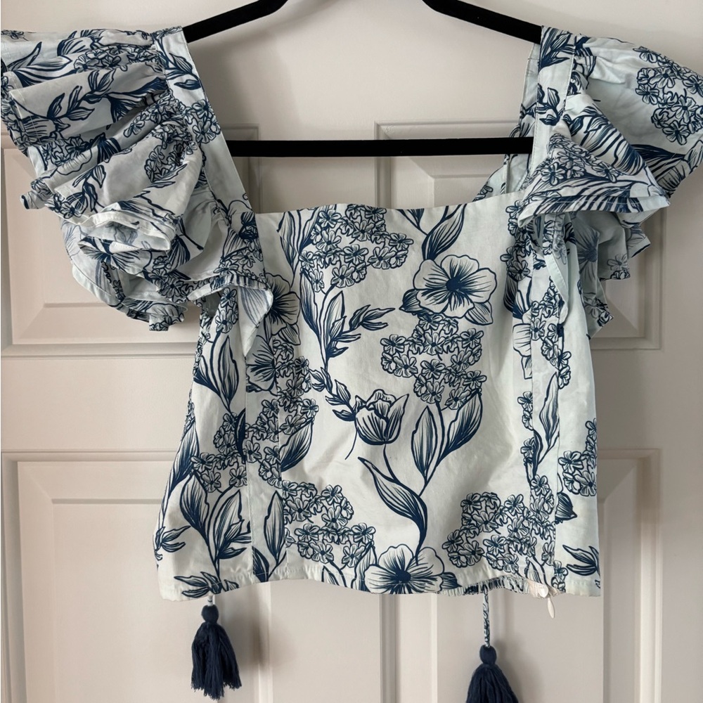 Blue Floral Ruffle Sleeve Blouse